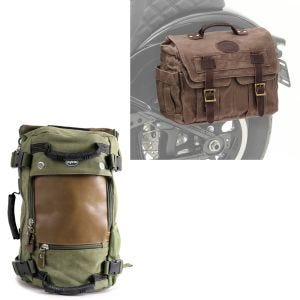 Set: Motorrad Satteltasche Canvas mit Innentasche CV1 braun Craftride mit Rucksack Canvas VG6 Vintage 28Ltr Retro grün