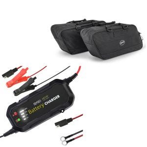 Set: Batterie Ladegerät passend für Chopper / Custombike Special Lumitecs BC2 CB4145 + Koffer Innentaschen passend für Harley Davidson Street Glide 06-22 Craftride BG1 Paar