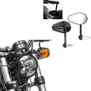 Set: LED Scheinwerfer 5,75 Zoll passend für Harley Davidson Hauptscheinwerfer schwarz Craftride + Motorrad Lenkerendenspiegel mit E-Prüfzeichen Rückspiegel Paar Zaddox SP6