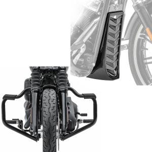 Set: Sabot moteur compatible avec Harley Davidson Softail 18-24 Cache radiateur CV4 + Pare cylindre Mustache compatible avec Harley Davidson Softail Sport Glide 18-24 noir 32mm Craftride