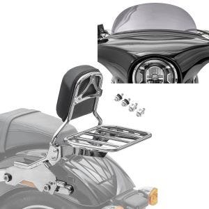 Set: Sissy Bar compatible avec Harley Davidson Softail / Sport Glide 18-24 R1 porte-bagages kit montage R1 chrome Craftride + Pare-brise compatible avec Harley Davidson Sport Glide 18-21 Craftride M saute vent fumé clair