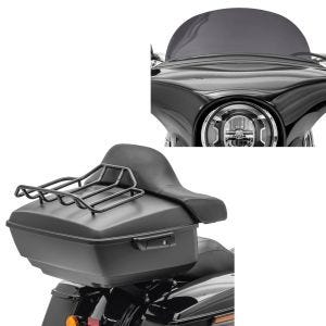 Set: Top Case King NHM compatible avec Harley Davidson Softail / Sport Glide noir Craftride + Pare-brise compatible avec Harley Davidson Sport Glide 18-24 Craftride M saute vent fumé foncé