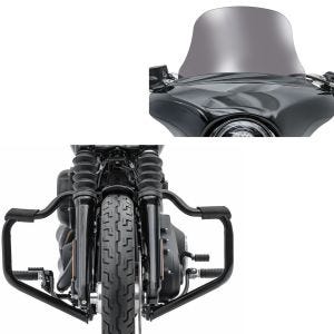 Set: Pare cylindre Mustache compatible avec Harley Davidson Softail 18-24 Pare Moteur 32mm noir Craftride + Pare-brise compatible avec Harley Davidson Sport Glide 18-24 Craftride L saute vent fumé clair