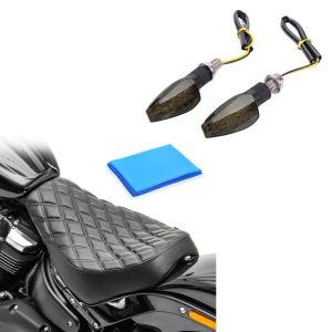 Set: Solo Sitz Gel passend für Harley Davidson Softail Street Bob / Standard 18-24 Sitzbank DS4 + LED Blinker für Honda Rebel 500 CMX E-Prüfzeichen Lumitecs RP12 getönt schwarz