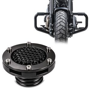 Set: Motorrad CNC Tankdeckel passend für Chopper / Custombike Tankverschluss Craftride TD6 schwarz CB22932 + Sturzbügel Mustache II passend für Harley Davidson Softail Fat Bob 114 18-24 schwarz