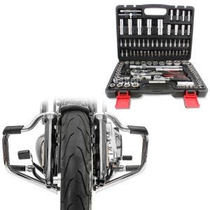 Set: Coffret douille compatible avec moto custom 108-pièces Tourtecs coffret cliquet CB49763 + Pare cylindre Mustache compatible avec Harley Davidson Softail Sport Glide 18-24 chrome 32mm Craftride