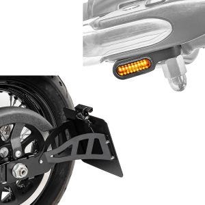 Set: Seitlicher Kennzeichenhalter passend für Harley Davidson Dyna Street Bob 06-17 CRB Craftride schwarz + LED Lenkerblinker Universal XS für Lenker Armaturen mit E-Prüfzeichen Lumitecs getönt