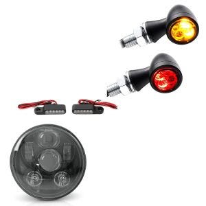 Set LED Scheinwerfer 5,75" + LED Lenkerblinker M2 mit E-Prufzeichen getont + LED Blinker mit Ruck- und Bremslicht getont