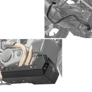 Set: Auspuff Sturzbügel passend für Harley Davidson Pan America 1250 / Special 21-24 Schutzbügel Motoguard EP1 + Motorschutz passend für Harley Davidson Pan America 1250 / Special 21-24 Motoguard schwarz Aluminium Bugspoiler Unterbodenschutz