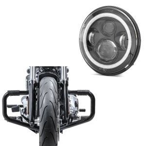 Set: LED Scheinwerfer 7" passend für Harley Davidson Fat Boy Special/ Lo mit E-Prüfzeichen schwarz + Sturzbügel Mustache II passend für Harley Davidson Fat Boy Special/ Lo 10-17 schwarz