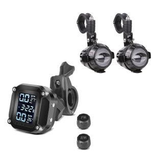 Jeu de phares supplémentaires à LED pour moto avec support de carrossage Lumitecs MS1 + système de contrôle de la pression des pneus RDKS avec thermomètre Tourtecs Testeur de pression des pneus digital