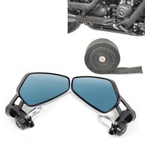 Set: Lenkerendenspiegel LS6 Lenkerspiegel in schwarz + Hitzeschutzband Auspuffband schwarz 10m