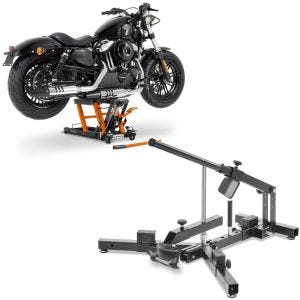 Set: elevateur ciseaux Mid-lift L compatible avec moto custom et Chopper 680kg or ConStands avec Démonte pneu moto 12-21" MD4 CB38715