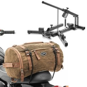 Set: Démonte pneu moto 12-21" MD4 ConStands avec Sacoche de selle Moto arrière Vintage 25L Canvas marron