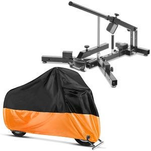 Set: Démonte pneu moto / changeur de pneus 12-21" MD4 ConStands avec Housse Moto XXL Bache Moto imperméable noir-orange