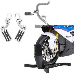 Set: Motorrad Sturzbügel Fußrasten CF3S passend für 32mm in chrom Craftride mit Motorradwippe Easy-Plus bis 21 Zoll sw