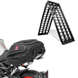 Set: Alu Auffahrrampe V sw, bis 680 kg, klappbar, passend für Motorrad ConStands mit Hecktasche X50 hinten 50Ltr sw