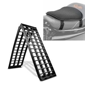 Set: Alu Auffahrrampe V sw, bis 680 kg, klappbar, passend für Motorrad ConStands mit Gel Sitzkissen M univ. sw
