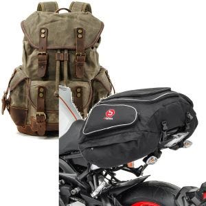 Set: Sac à dos moto Canvas RG8 Vintage 20Ltr Retro vert Craftride avec Moto Sacoche de selle X50 arrière 50Ltr noir