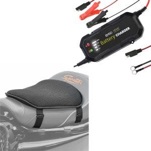 Set: Motorrad Batterie Ladegerät BC2 Vollautomatisch 1.500mA Lumitecs mit Gel Sitzkissen M Universal Komfortkissen sw