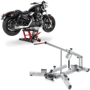 Set: elevateur ciseaux Mid-lift L compatible avec Harley et Chopper 680kg en rouge ConStands avec Démonte pneu moto 12-21" MD4Z