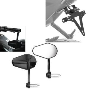 Set: Motorrad Lenkerendenspiegel ECE Rückspiegel Paar SP6 Zaddox mit Kennzeichenhalter KH4 mit LED Beleuchtung