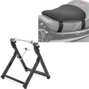 Set: Équilibreuse pneu moto WU-2 équilibreuse de roues noir ConStands avec Gel coussin de selle M univ. noir