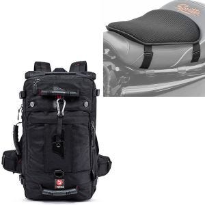 Set: Motorrad Rucksack HK4 Hecktasche 45Ltr in sw Bagtecs mit Gel Sitzkissen M Universal Komfortkissen sw