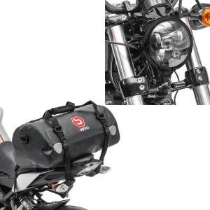 Set: Sacoche de selle Moto arrière Bagtecs XF30 Dry Bag Etanche Volume 30l + Phare LED 5,75" compatible avec Harley Davidson Feux avant Noir Craftride