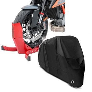 Set: Bloque Roue Easy-Plus Bequille Avant à 21 Pouces rouge ConStands avec Housse Moto XL Bache moto imperméable en noir