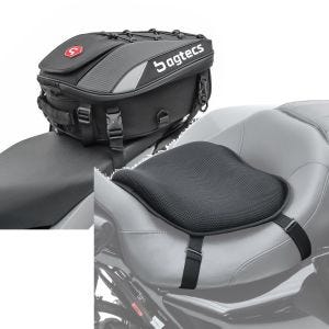 Set: Motorrad Hecktasche X30 Soziustasche erweiterbar 20-30Ltr sw Bagtecs mit Gel Sitzkissen L Komfortkissen univ. sw