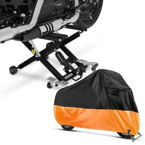 Set: Motorrad Hebebühne Mid-lift XL bis 500kg in sw ConStands mit Motorrad Abdeckplane XXL Abdeckhaube in sw-orange