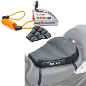 Set: Antivol bloque disque Alarme moto 110dB en chrome Tourtecs avec Moto Coussin d'air Air Deluxe M noir