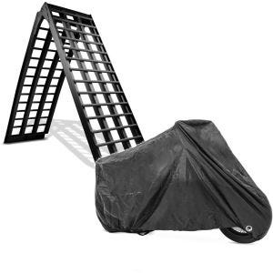 Set: Alu Auffahrrampe V sw, bis 680 kg, klappbar, passend für Motorrad ConStands mit Abdeckplane XXL Abdeckhaube sw