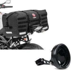 Set: Moto Sacoche de Selle arrière SX70 70Ltr noir Bagtecs avec Boîtier de phare LED 7" Univ. + fourche 35-43mm noir