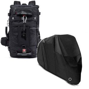 Set: Sac à dos moto HK4 Sacoche de selle arrière 45Ltr noir Bagtecs avec Housse Moto XL Bache moto imperméable noir
