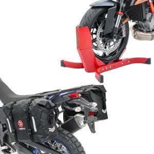 Set: Bloque Roue Easy-Plus à 21 Pouces rouge ConStands avec Sacoches cavalières moto laterales etanches WP8 2x30L
