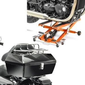 Set: Topcase mit Gepäckgrill Missouri 43Ltr passend für Chopper sw Craftride mit Hebebühne Mid-lift XL bis 500kg orange