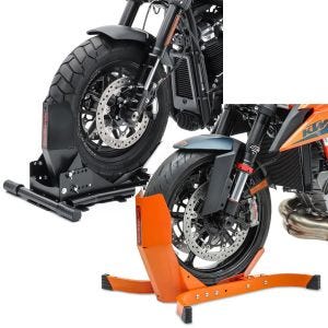 Set: Cale de roue moto Easy Vario Béquille Avant Arière ajustable noir ConStands avec Bloque Roue Easy-Plus à 21" orange