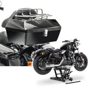 Set: Topcase mit Gepäckgrill Missouri 43Ltr passend für Chopper sw Craftride mit Hebebühne Mid-lift L bis 680 kg sw