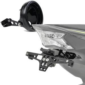 Set: Boîtier de phare LED moto 7" Univ. + fourche 35-43mm noir Craftride avec Support de Plaque Moto NH2 + éclairage LED