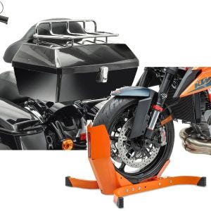 Set: Topcase mit Gepäckgrill Missouri 43Ltr passend für Chopper sw Craftride mit Motorradwippe Easy-Plus bis 21" orange