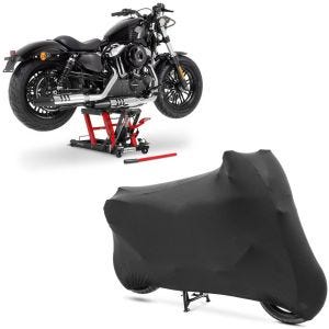 Set: elevateur ciseaux Mid-lift L 680kg en rouge ConStands avec Housse moto XL-XXL Indoor Stretch garage noir