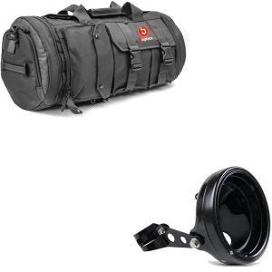 Set: Motorrad Hecktasche TB8 Gepäckrolle 35Ltr sw Bagtecs mit Scheinwerfergehäuse 7" mit Gabel-Halterung 35-43mm sw