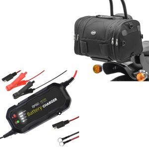 Set: Motorrad Hecktasche RB1 24-30Ltr passend für Retro Bikes sw Craftride mit Batterie Ladegerät BC2 Vollautomatisch 1.500mA