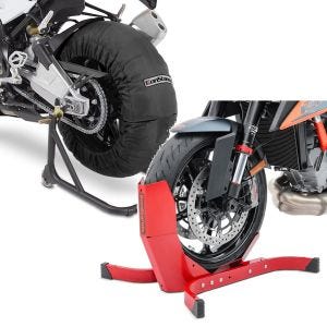 Set: Motorrad Reifenwärmer Set Billown 60-80-95 °C 17 Zoll sw ConStands mit Motorradwippe Easy-Plus bis 21 Zoll rot