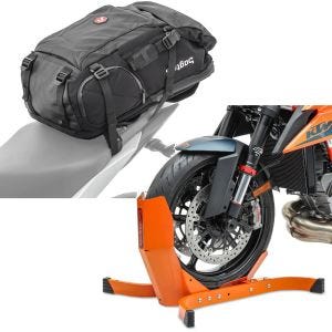 Set: Motorrad Rucksack HX5 wasserdicht 45Ltr mit Helmhalterung Bagtecs mit Motorradwippe Easy-Plus bis 21 Zoll orange