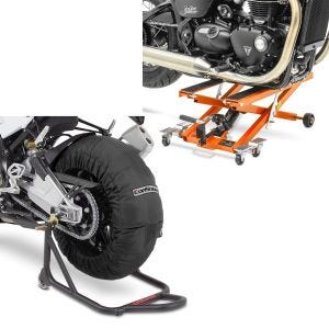 Set: Motorrad Reifenwärmer Set Laguna Seca 60-80°C 17" sw ConStands mit Hebebühne Mid-lift XL bis 500kg orange