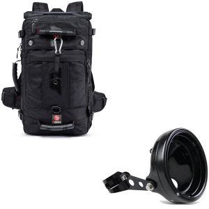 Set: Motorrad Rucksack HK4 Hecktasche 45Ltr sw Bagtecs mit Scheinwerfergehäuse 7" mit Gabel-Halterung 35-43mm sw