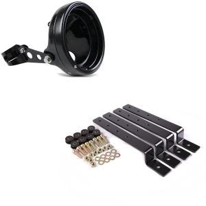 Set: Motorrad Scheinwerfergehäuse 7" mit Gabel-Halterung 35-43mm sw Craftride mit Haltesatz passend für Chopper Seitenkoffer sw
